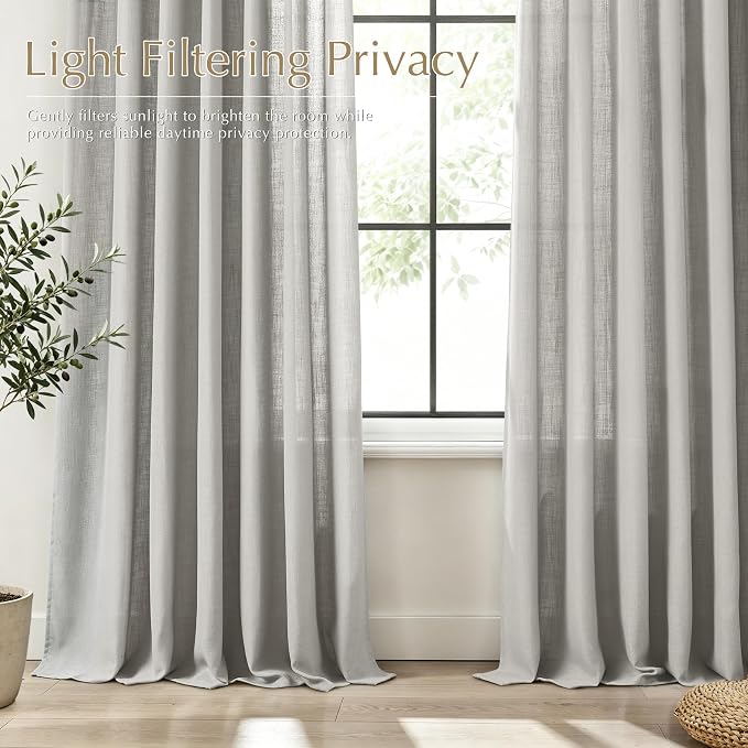 Grey Pleated Linen Curtains 102 inch Long 2 Panels for Living Room Light Filtering Triple Pinch Pleat Curtain Memory Trained Boho FarmhouseNeutral Earthy Thick Flax Linen Drapes 102 Length Light Gray