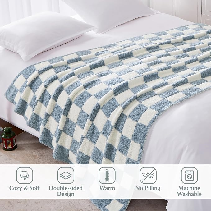 WRENSONGE Soft Checkered Throw Blanket for Couch-Cozy Warm Knitted Blankets | Lightweight Warm Fluffy Decor for Women, Mom, Her & Girls, Sofa, Chair, Bed, 50x70in, Grey Blue