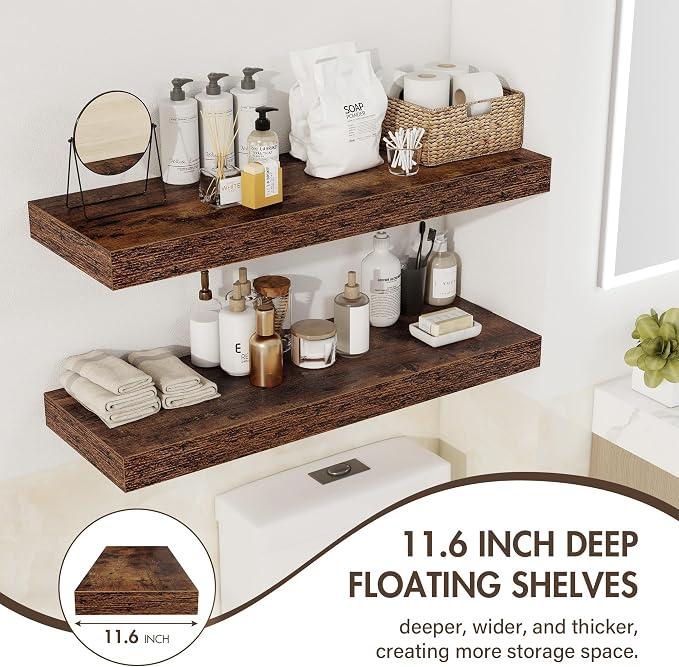 Acovy 24 Inch Floating Shelves, 12" Deep Floating Shelf Wall Mounted, 24" Wall Shelves, Rustic Deep Bookshelf, Extra Deeper & Thicker Display Shelves for Bedroom, Living Room, Brown, Set of 2
