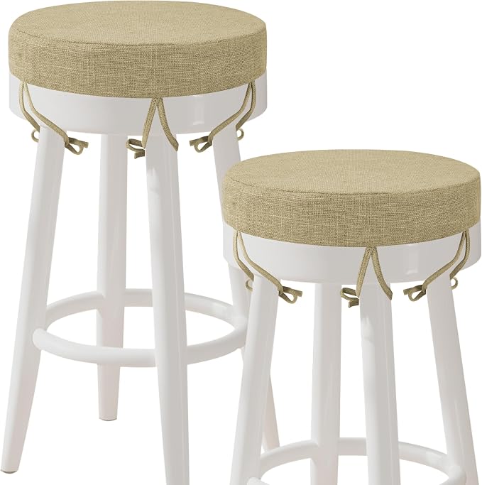 AddGrace Round Bar Stool Cushions with Ties Set of 2 Non Slip Seat Cushions 12x12 Inch Washable Chair Pads Removable Washable Cover Beige