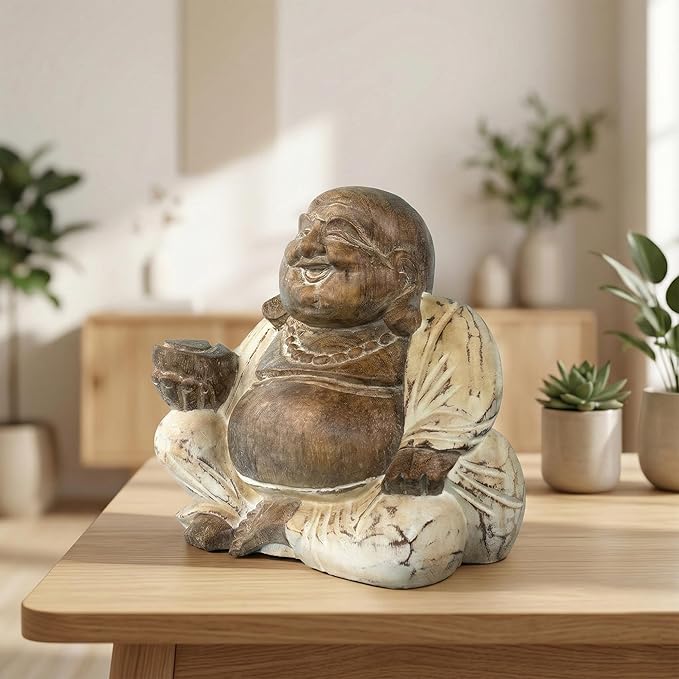 G6 Collection 8" Wooden Whitewashed Laughing Happy Buddha Statue Hand Carved Smiling Sitting Sculpture Handmade Figurine Decoration Home Decor Accent Handcrafted Art Happy Buddha (White Washed)