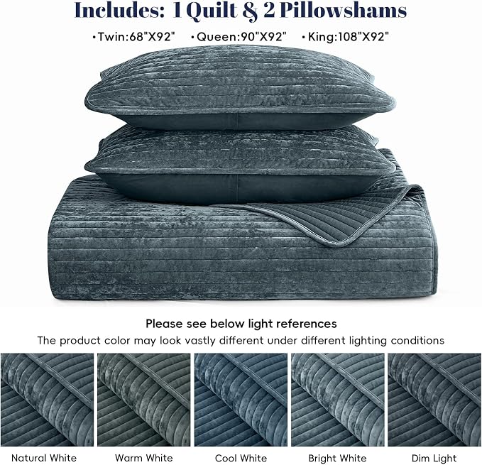 PHF Luxury Velvet Quilt Set King Size – 3PCS Ultra Soft Quilted Comforter Alternative with Striped Channel, Cozy Quilted Bedspread, 1 Coverlet with 2 Matching Shams, 108" x 92", Stormy Blue
