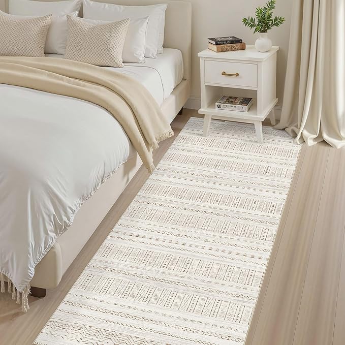 cotiled Hallway 2.6x8 Runner Rugs: Washable Boho Rugs with Non Slip Backing Large Soft Indoor Low Pile Carpet for Living Room Bedroom Farmhouse Dining Room Lightweight Home Decor Brown/Cream