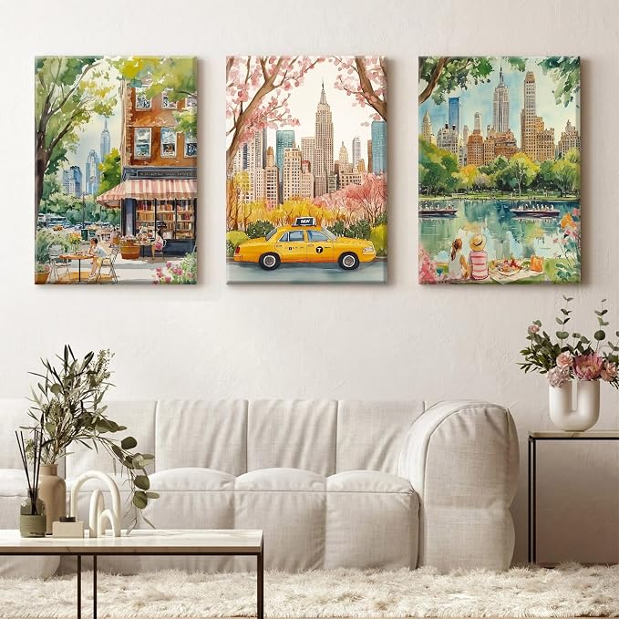 SYYANKK Watercolor New York City Wall Art NYC Canvas Wall Decor NYC Painting New York Landmarks Poster Travel Wall Art Central Park Artwork for Bedroom Living Room 16x24x3 Inch Ready to Hang