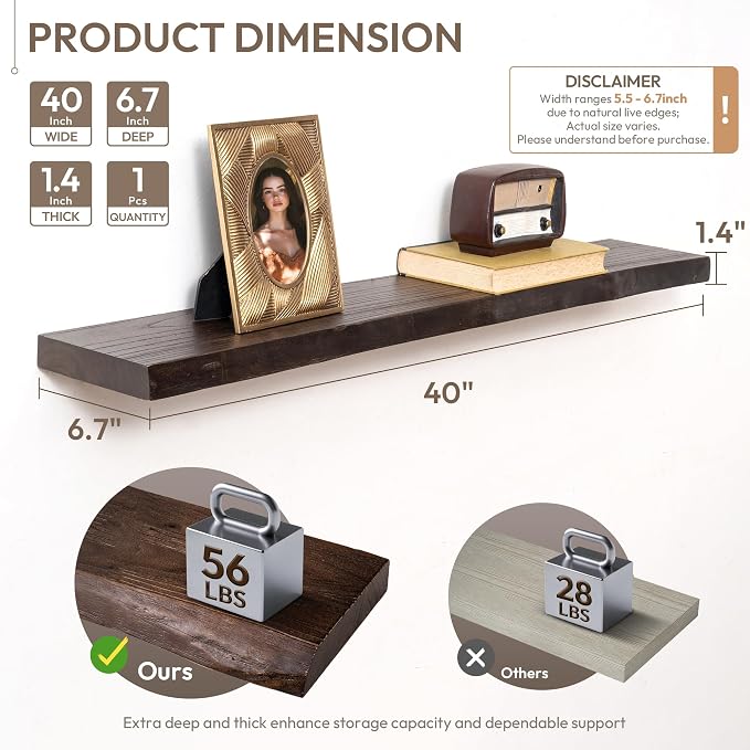Marsmiles 40 inch Floating Shelves for Wall Elm Wood Live Edge Shelves Wall Mounted|Rustic Long Floating Shelves with Invisible Bracket for Bathroom Living Room Kitchen|Walnut, 1 Pack