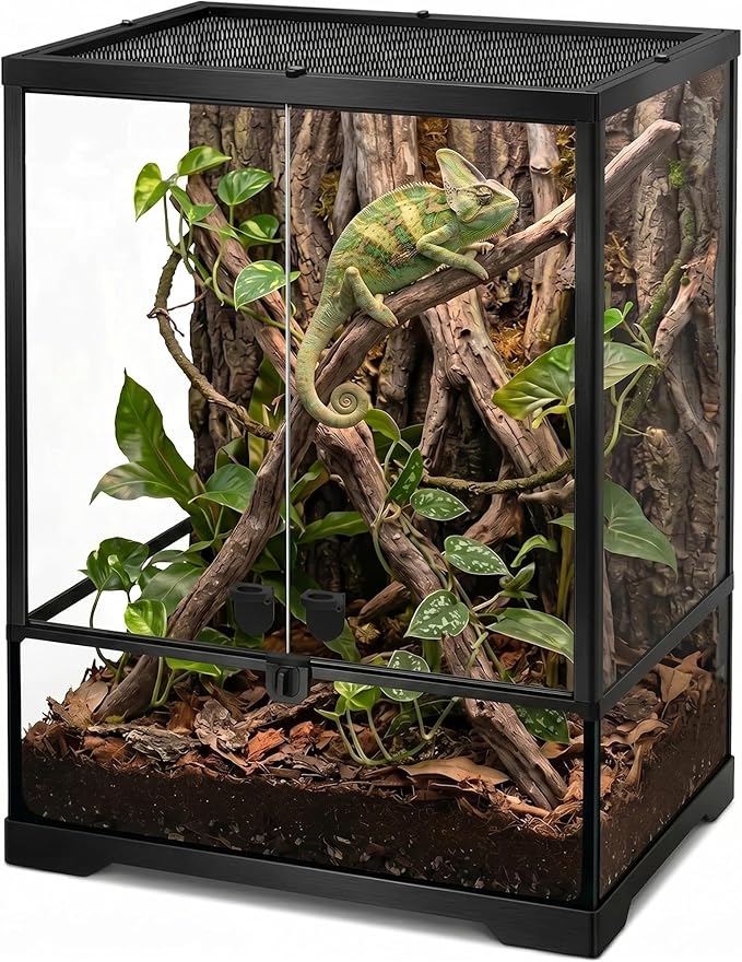 18"x18"x24" Reptile Terrarium, Aluminum-Frame Glass Vivarium for Small Arboreal Reptiles Such as Small Chameleons, with Lock, Cable Port, Waterproof Deep Base
