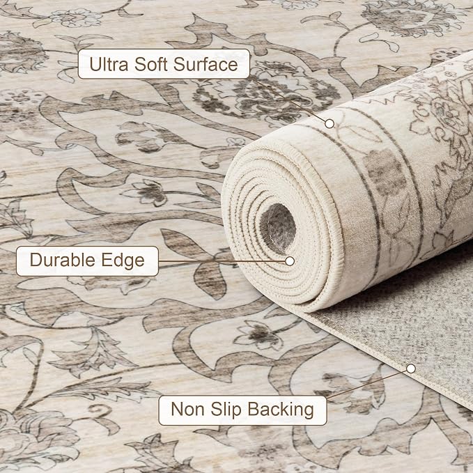 Round Area Rug for Living Room: 4 ft Washable Vintage Boho Soft Thin Circle Rug Indoor Floor No Slip Stain Resistant Carpet for Bedroom Dining Room Farmhouse Nursery Home Office - Brown Beige