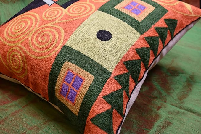 Klimt Orange Modern Throw Pillow Cover | Orange Abstract Pillow | Modern Couch Pillow | Contemporary Throw Pillows | Outdoor Pillow | Mid Century Chair Cushions | Handmade Wool Size 18x18