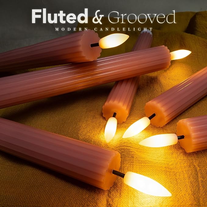 6 Pack, 10" LED Flameless Real Wax Dusty Rose Fluted Ribbed Grooved Taper Candles, Remote & 24h Timer Memory, On/Off Button, Dimmable, Flicker Mode, Battery Operated, Wedding