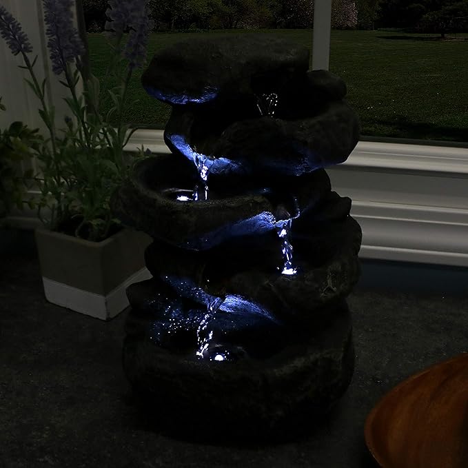 Sunnydaze Tabletop Water Fountain - Stacked Rocks 10.5 Inch Relaxing Desktop Water Fountain with LED Lights - Office, Bedroom, Living Room