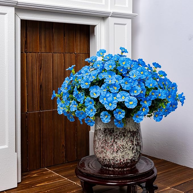 Nigirior Artificial Faux Flowers for Outdoor 16 Bundles Boxwood Fake Morning Glory for Planter,UV Resistant Fake Flowers for Home Porch Patio Outside（Blue）