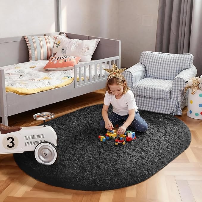 Ophanie 3x5 Black Oval Rugs for College Dorm Bedroom Living Room, Small Fluffy Fuzzy Carpet, Plush Soft Shaggy Bedside Indoor Floor Area Rug for Kids Men Boys Baby Teen Nursery Home Decor Aesthetic
