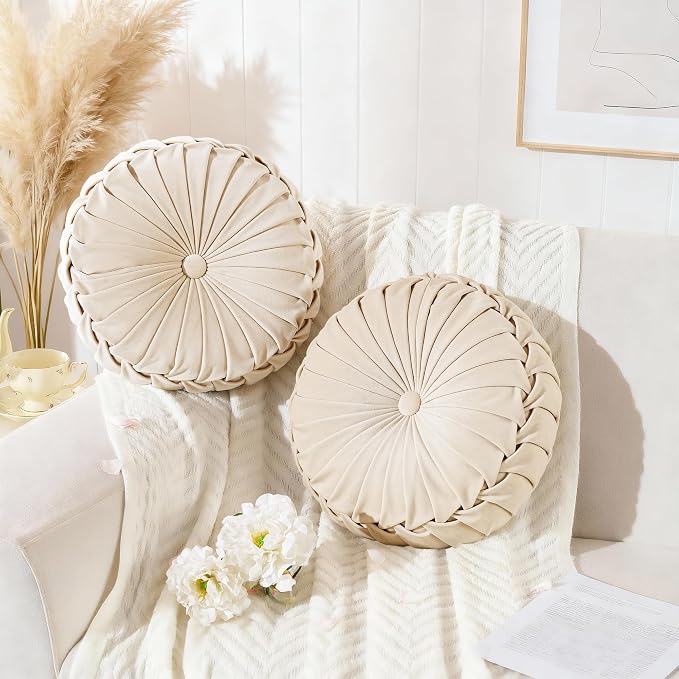 ROSE&RISY Round Pleated Velvet Throw Pillows, 2 Pack Decorative Accent Pumpkin Pillow Cushion for Couch Sofa Bed, Soft Plush Retro Vanity Throw Pillows for Home Decor, 14.5 Inch, Cream