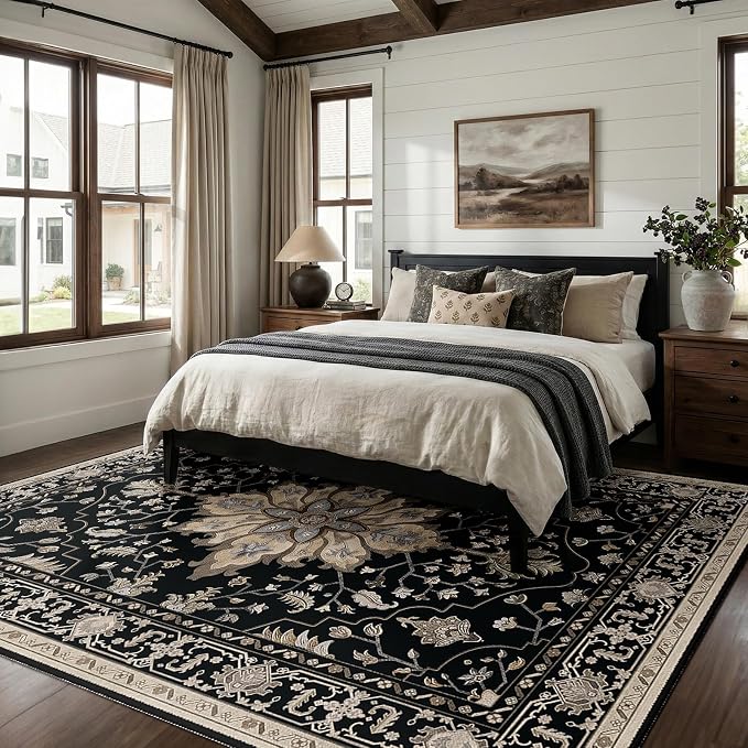 RELEANY Area Rugs 8'x10' Washable Non-Slip, Floral Vintage Distress Medallion Carpet for Living Room Bedroom Dining Room, Black Brown Neutral Dark Tan