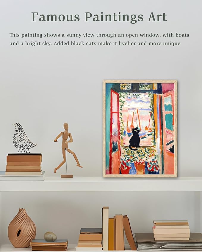 UPWOIGH Matisse Inspired The Open Window Wall Art with Black Cat, Red Window Canvas Print, Beige Oak Wood Framed 12x16 Inch Decor