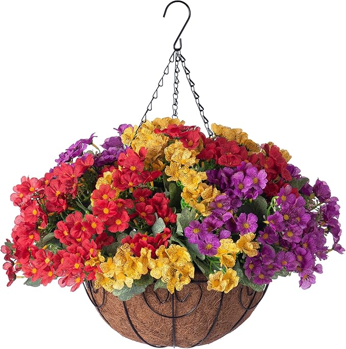Artificial Fake Hanging Plants Flowers Basket for Spring Outdoor Decoration, Faux Silk Daisy UV Resistant Look Real with Eucalyptus Leaves Summer Decor for Home Patio Garden Outside(Red Purple Yellow)