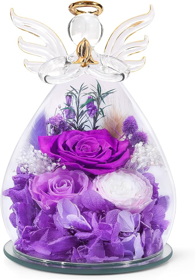Gifts for Mom Birthday Gifts for Women Preserved Rose Forever Flower in Glass Angel Figurines Fresh Flowers for Delivery Anniversary Mothers Day Real Colorful Roses for Grandma Her Wife from Daughter