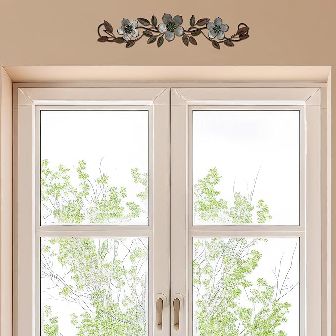 Wesiti Metal Flower Wall Decor Vintage Spring Metal Flower Wrought Iron Scroll Sculpture 15.7''x3.7'' Farmhouse Leaf Wall Decor with Nails for Spring Living Room Bedroom Indoor Outdoor (Silver Gray)