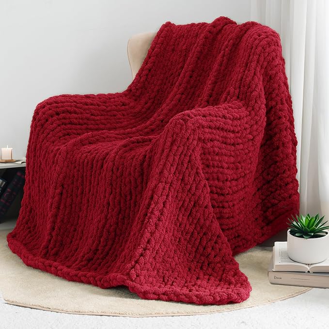 Chunky Knit Throw Blanket 50x60, 100% Handmade Chenille Yarn | 4.4lbs Soft Thick Cable Knitted Blankets, Large Rope Knot Crochet Throws for Couch Sofa Bed Christmas Fall Decor, Red