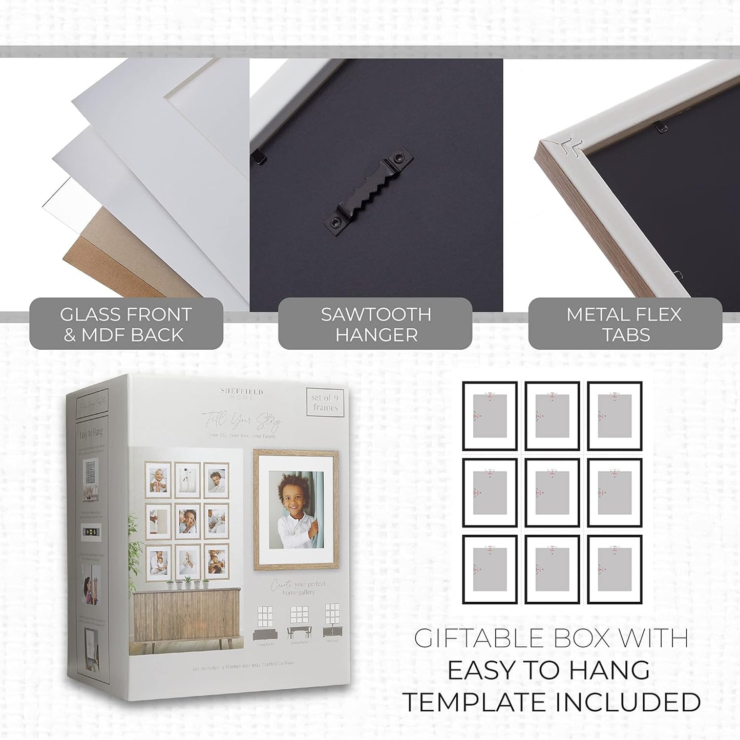 Sheffield Home 9 Piece Gallery Wall Frame Set, 11x14 Inch, Light Natural