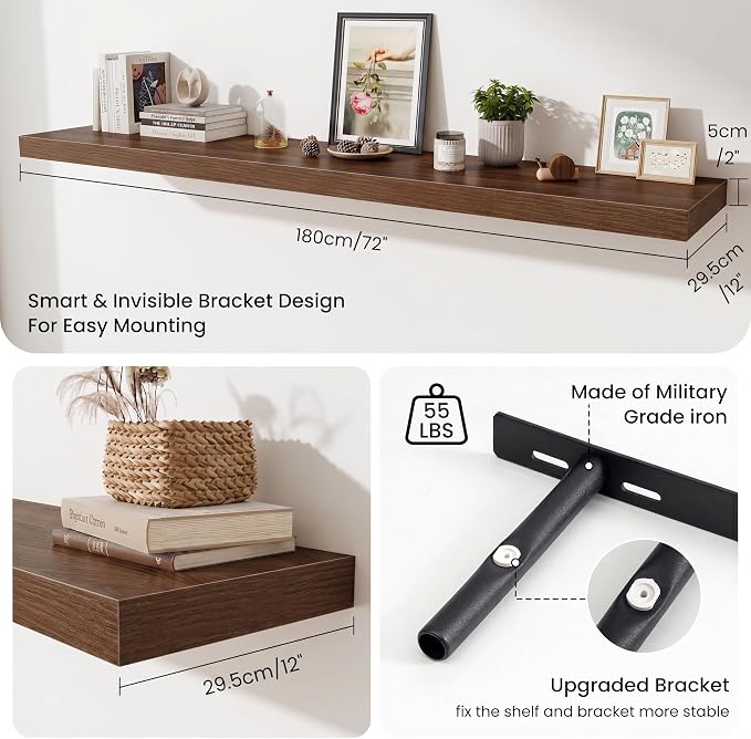 Fun Memories 72 Inch Fireplace Mantel Shelf, 12 Inch Deep Shelves for Display & Wall Storage, Rustic Wood Wall Shelf, Extra Long Floating Shelves for Living Room Laundry Room, Walnut, Set of 2