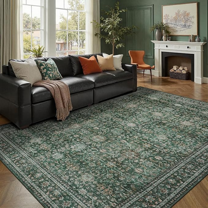 DCX Green 8x10 Rug, Kid & Pet Friendly with Rubber Back Non Slip, Machine Washable Stain Resistant Vintage Traditional Distressed Carpet, Rug for Living Room, Bedroom, Neutral Home Decor