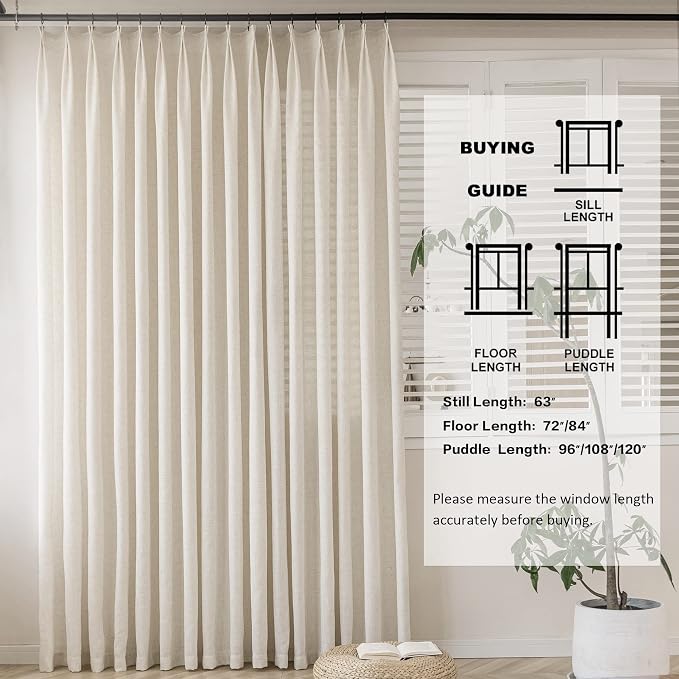 MAIHER Linen Textured Pleated Curtains 63 Inches Long for Living Room, Light Filtering Pinch Pleat Semi Sheer Drapes Curtains with Tieback and Hooks, Natural Linen (1 Panel, 54" W x 63" L)