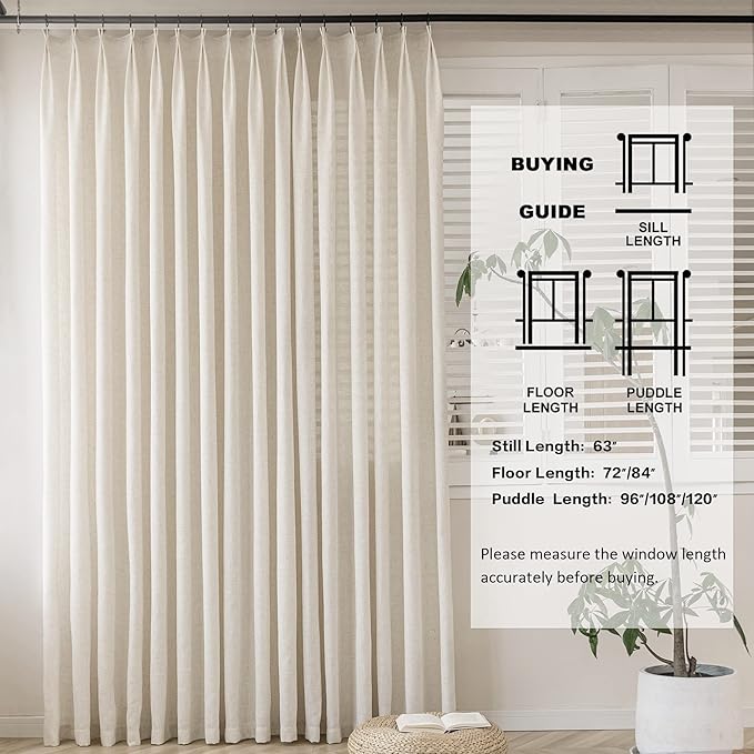 MAIHER 120 Inches Long Semi Sheer Curtains Pinch Pleat Curtains Light Filtering Natural Linen Curtain Panel for Patio Door Living Room Bedroom, Easy Hanging Via Hooks (Linen, 1 Panel, 54" W x 120" L)