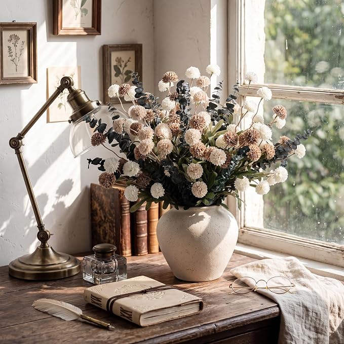 Hoteam 36 Pcs Artificial Chrysanthemum Flowers Bouquet with Dried Eucalyptus Leaves 15 Stems Fake Mums 21 Stems Preserved Eucalyptus for Vase Home Decor Wedding Centerpieces (White Khaki)