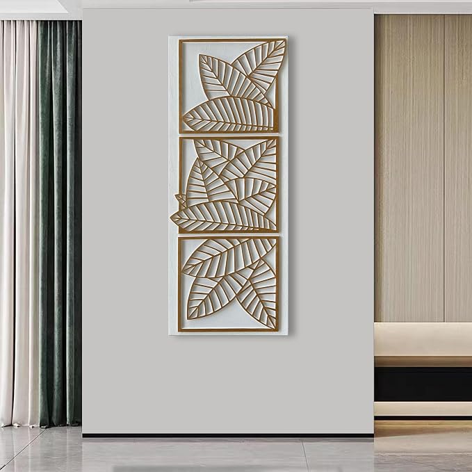 NANKAI Art Hand-Painted White and Yellow Textured Wall Decoration Painting. Large Oil Painting with Three-Dimensional Leaf Texture Suitable for Home Wall Decoration. 24x60 inches