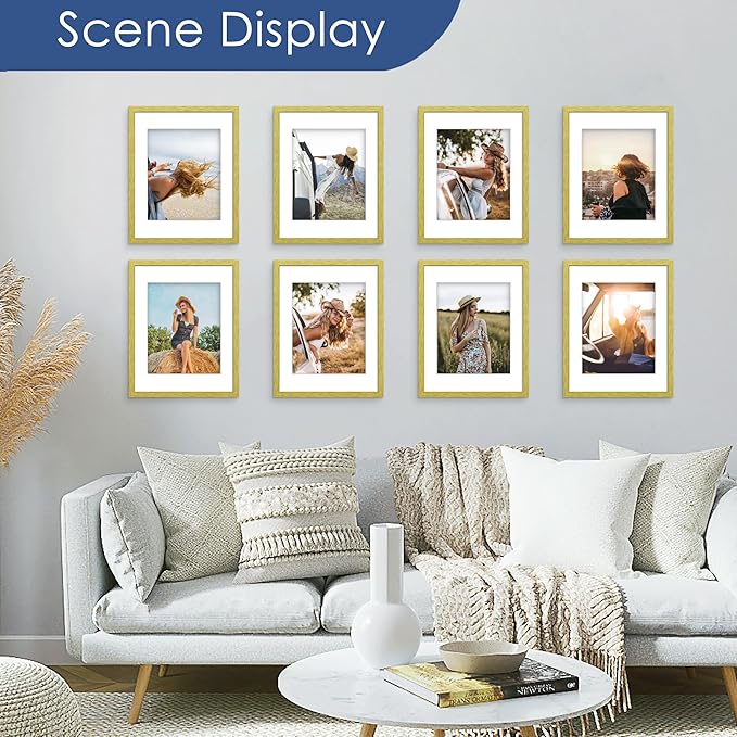 PEALSN 11x14 Picture Frame Set of 6, Display Pictures 8x10 with Mat or 11x14 without Mat for Wall Mounting or Table Top Display, Photo Frames Collage for Wall Decor, Gold.