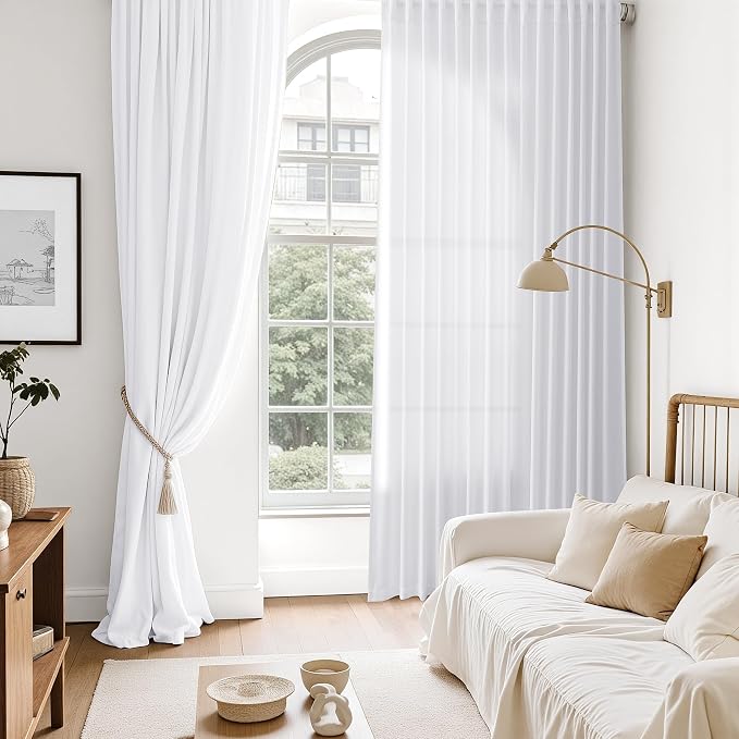 Nanspring Snow White Linen Curtains 96 Inches Long for Living Room Light Filtering Semi Sheer Curtain Back Tab Luxury Neutral Coastal Modern Farmhouse Decor Drapes for Bedroom Office 52x96, 2 Panels