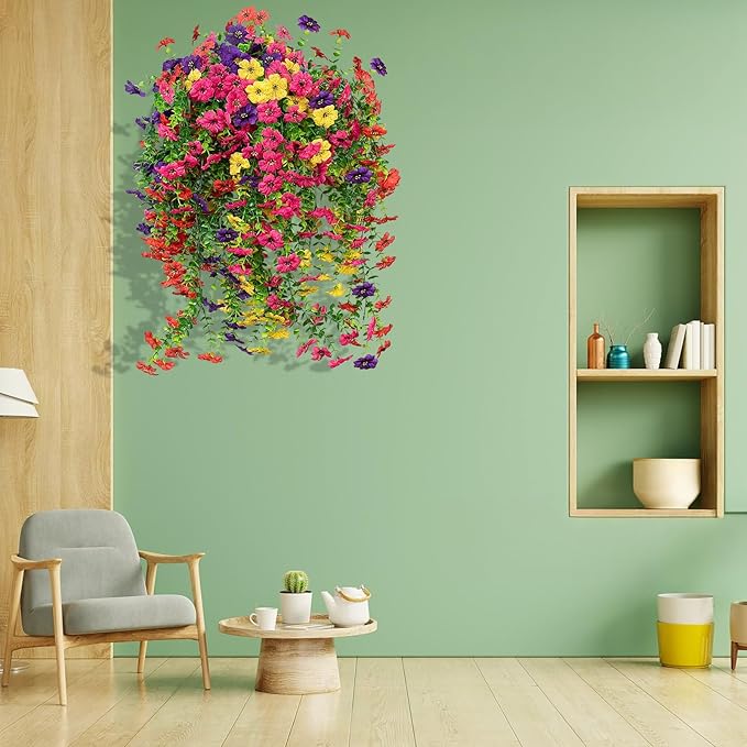 LikSoor 4 Pcs Artificial Outdoor Hanging Plants Spring Summer Decoration UV Resistant Faux Silk Flowers for Outside, Garden, Porch, Window, Home Decor (4 Color)
