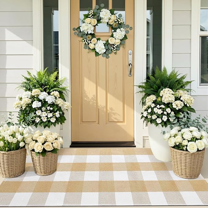 OLANLY Buffalo Plaid Rug 2' x 4'3" – Beige and White Cotton Checkered Doormat, Washable Indoor Outdoor Rug for Layered Front Porch, Kitchen, Entryway Decor