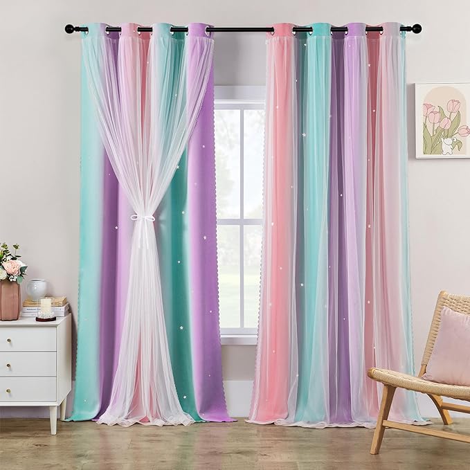 XiDi Rainbow Blackout Curtains 102 Inches Long for Girls Bedroom Room Darkening Colorful Kids Girly Curtains Unicorn Princess Theme Decor Grommet Window Drapes 2 Panels Pink Purple Green W42 x L102