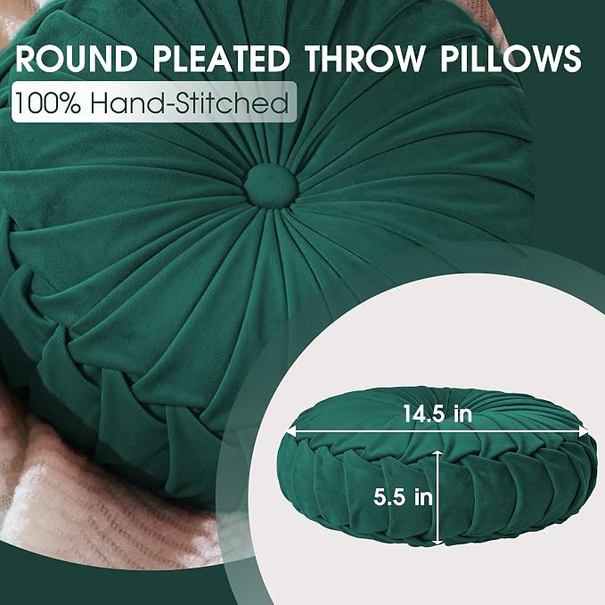 ROSE&RISY Round Pleated Velvet Throw Pillow, 1 Pack Decorative Accent Pumpkin Pillow Cushion for Couch Sofa Bed, Soft Plush Retro Vanity Throw Pillows for Home Decor, 14.5 Inch, Teal