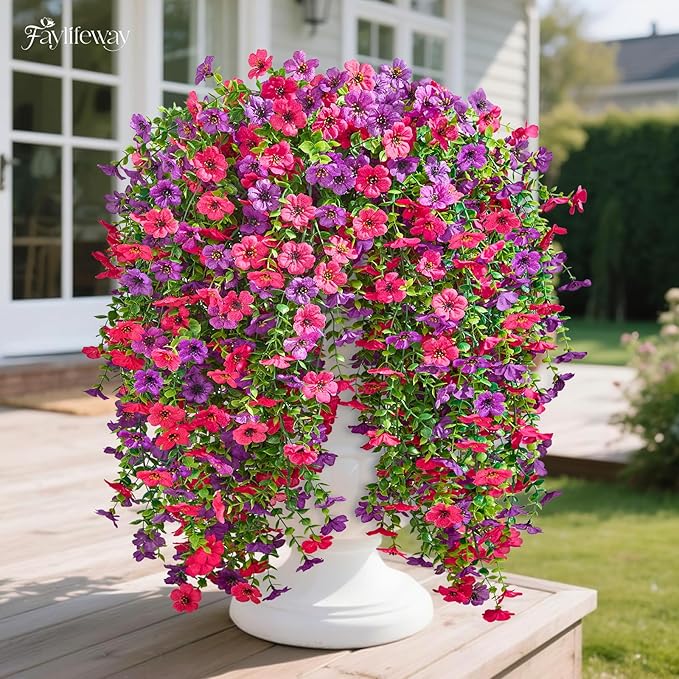 Artificial Hanging Flowers for Outdoors Spring Summer Decoration, 4PCS UV Resistant Silk Fake Hanging Plants for Patio Porch Front Yard Window Garden Indoor Decor(Purple&Hot Pink,4PCS)