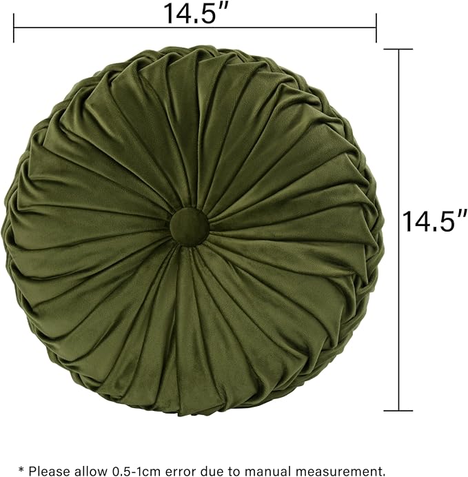 HIG Set of 2 Decorative Round Pleated Throw Pillows, Classy Accent Pumpkin Throw Pillows with Center Button, Vintage Velvet Floor Pillows for Sofa Couch Vanity Chair Bed, Olive, 14.5" Diameter(Ripple)