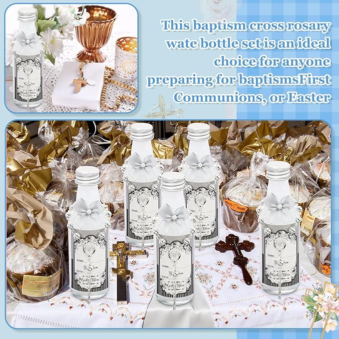 FillTouch 24 Sets Catholic Holy Water Bottle Baptism Rosary Set Baptism Favors 1.7oz Christian Water Container Empty Glass Holy Water Bottle for Easter Party Church Wedding Table Newborn (Silver)