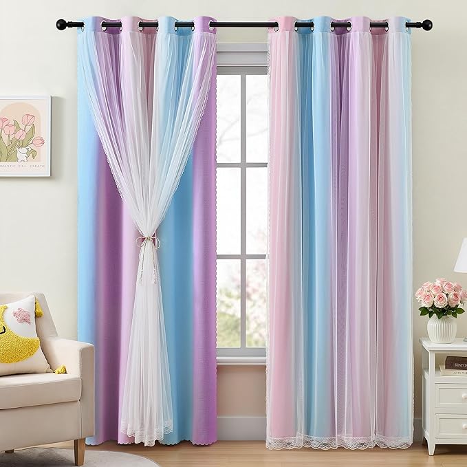 XiDi Double Layer Curtains with Sheer Overlay for Girls Bedroom Living Room 2 Panels 96 Inches Long Colorful Rainbow Blackout Curtains for Kids Unicorn Princess Grommet Drapes Pink Purple W34 x L96