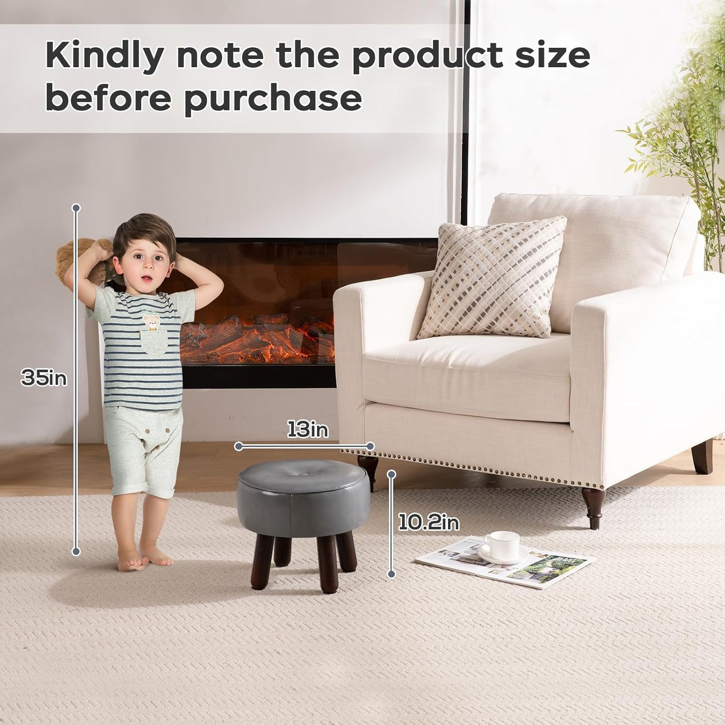 Ottoman, Small Foot Stool, Round Leather Pouf Ottoman, 13''L x 13''W x 10.2''H Foot Rest with Non-Skid Rubber Legs for Living Room Bedroom Couch Entryway, Grey