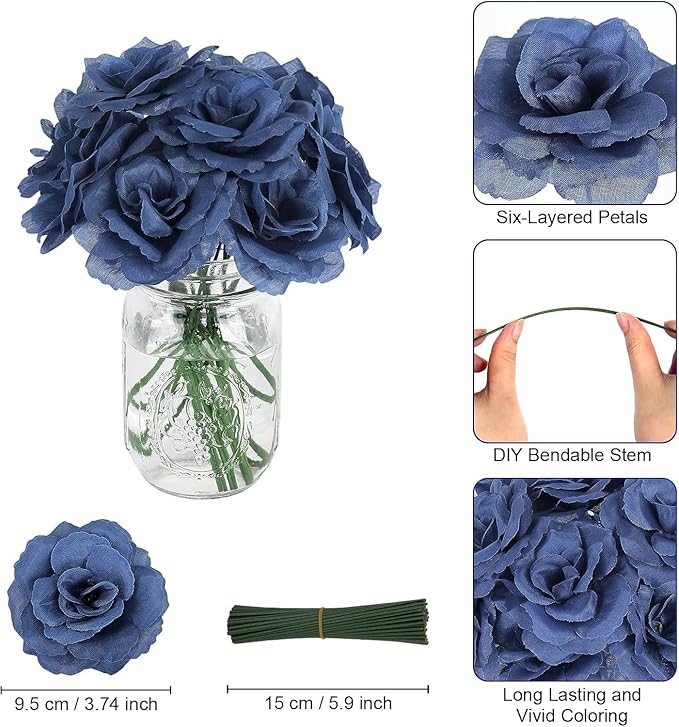 LELEE 108 Pcs Artificial Flowers Fake Silk Roses Long Stem Rose Bouquet Wedding Party Home Decor for DIY Baby Shower Centerpieces Tables Home Decorations(Navy Blue)
