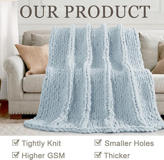 Chunky Knit Throw Blanket 50x60, 100% Handmade Chenille Yarn | 4.4lbs Soft Thick Cable Knitted Blankets, Large Rope Knot Crochet Throws for Couch Sofa Bed Machine Washable, Light Blue