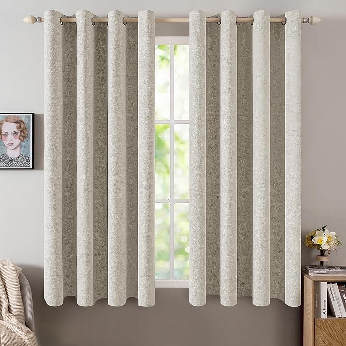 MIULEE Linen Curtains for Bedroom 100% Blackout Thermal Insulated Cobblestone Grommet Room Darkening Curtains & Drapes for Living Room Nursery 52 x 63 Inch (2 Panels)