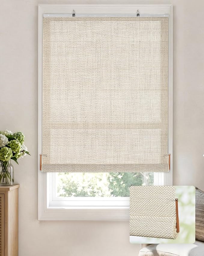 LazBlinds Manual Roll-up Bamboo Blinds, 32" W x 72" H, Star-Off White | Easy Install Roller Shades for Windows, Hook-On Light Filtering Bamboo Shades for Interior Indoor Windows