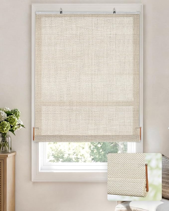 LazBlinds Manual Roll-up Bamboo Blinds, 35" W x 48" H, Star-Off White | Easy Install Roller Shades for Windows, Hook-On Light Filtering Bamboo Shades for Interior Indoor Windows