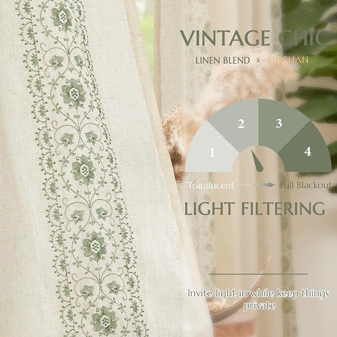 jinchan Weslie Boho Curtains for Bedroom Sage Green Vintage Floral Farmhouse Curtains 96 Inches Long Linen Drapes for Living Room Embroidered Light Filtering Drapes Sage on Beige 2 Panels