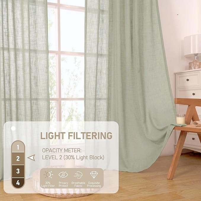 LAMIT Sage Grey Linen Kitchen Curtains 30 Inch Length, Semi Sheer Light Filtering Window Panels Back Tab and Rod Pocket Drapes for Basement/Small Windows, 34 x 30 Inch, 2 Panels