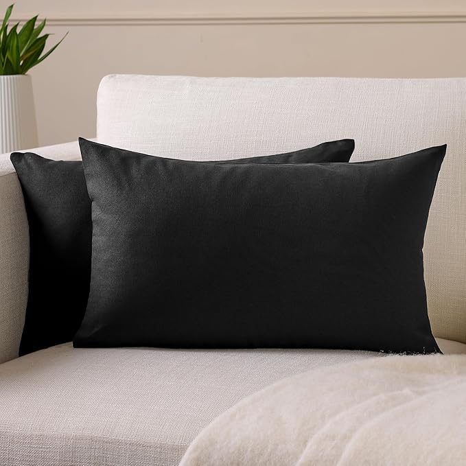 Encasa XO Throw Pillow Covers 12x20 in Set of 2 Jet Black | No Inserts | Cotton Pillow Covers for Living Room, Bed, Sofa, Couch | Decorative Cushion Covers with Improved Zipper
