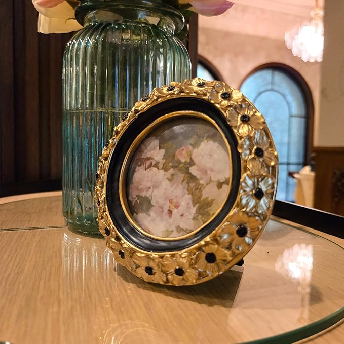 SYLVIA'S SHOP 3x3 Small Vintage Round Picture Frame, Mini Antique Gold Ornate Circle Photo Frame, for Tabletop and Wall Display, Decorative Floral Design Retro Home Decor, Photo Gallery Art